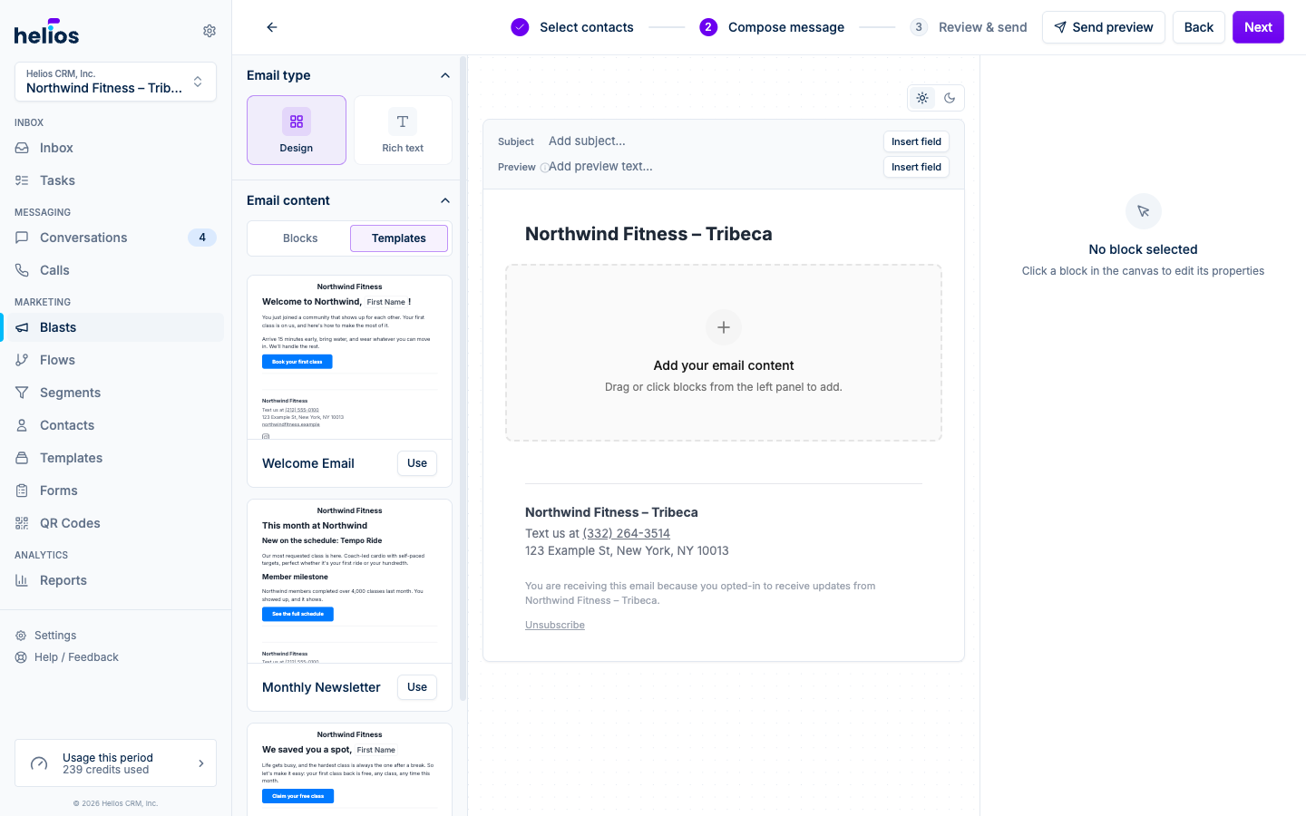 Composing an email blast with the Templates tab open