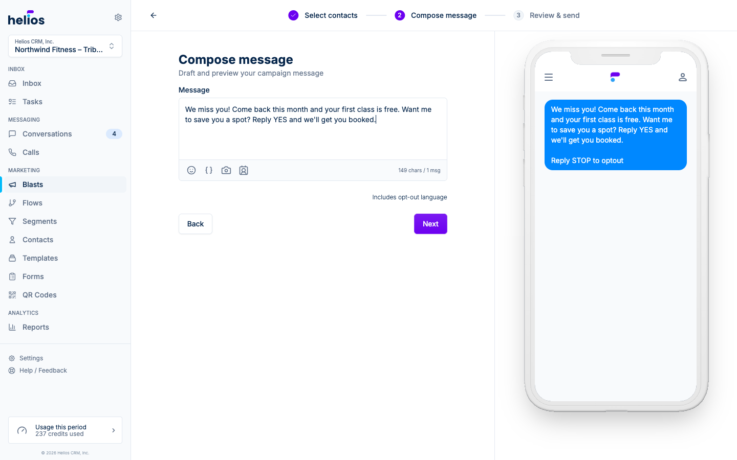Composing a text blast with a live phone preview