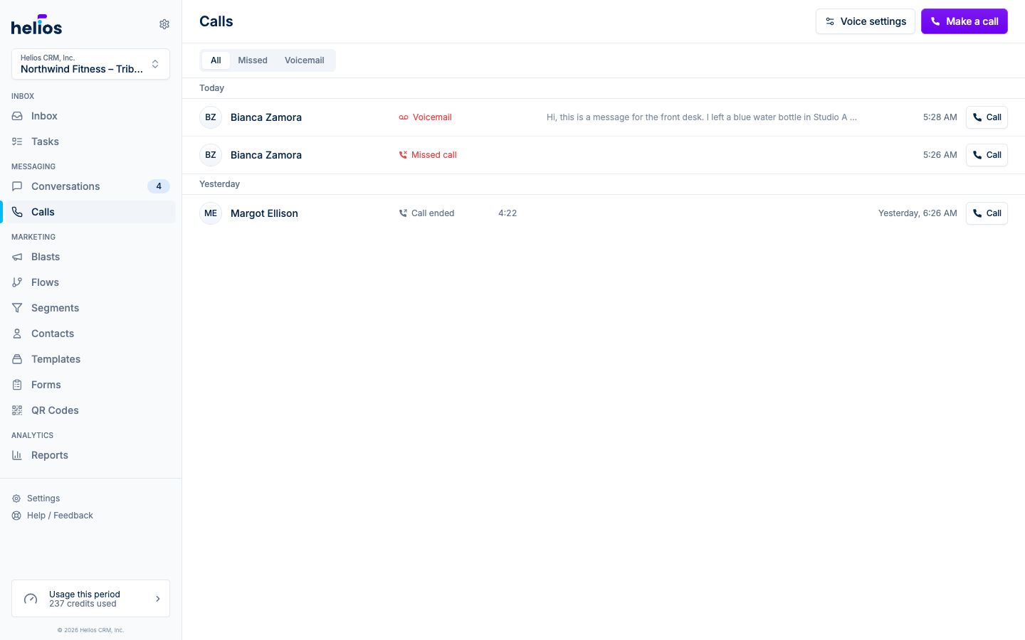 The Calls page with call history and voicemail