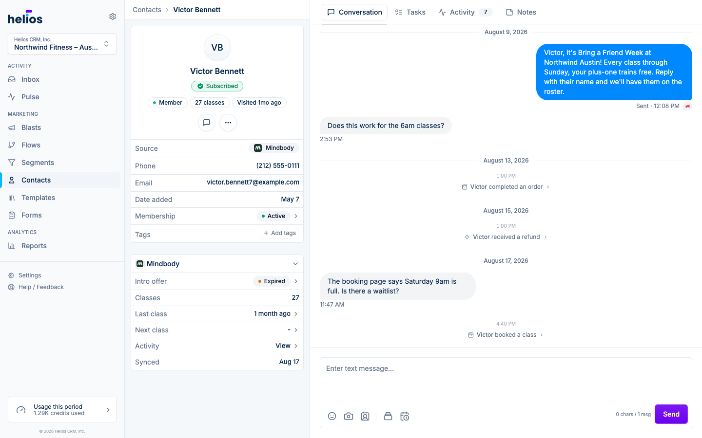 A contact profile with the details panel on the left and the conversation tab on the right