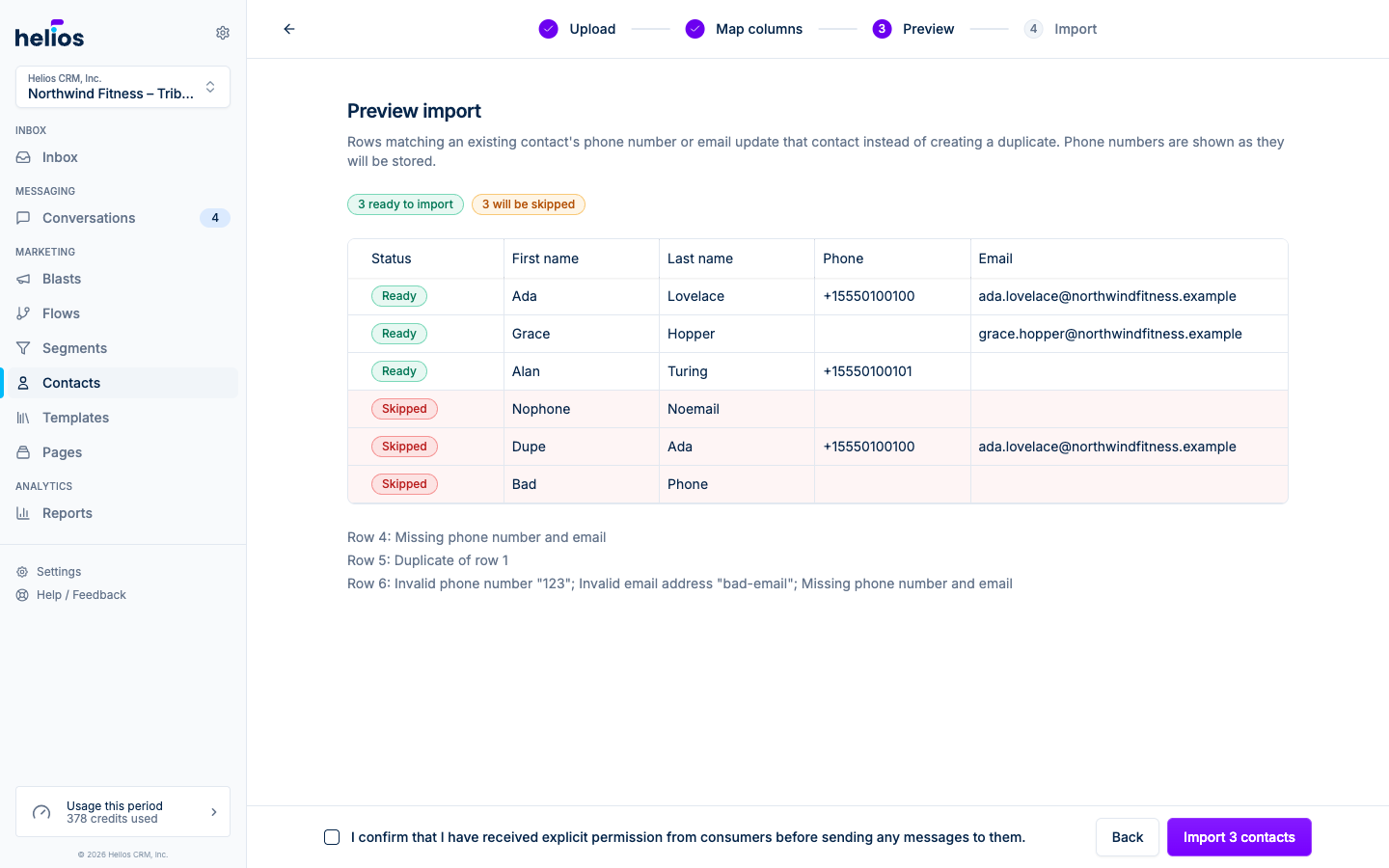 The import wizard preview step with per-row validation