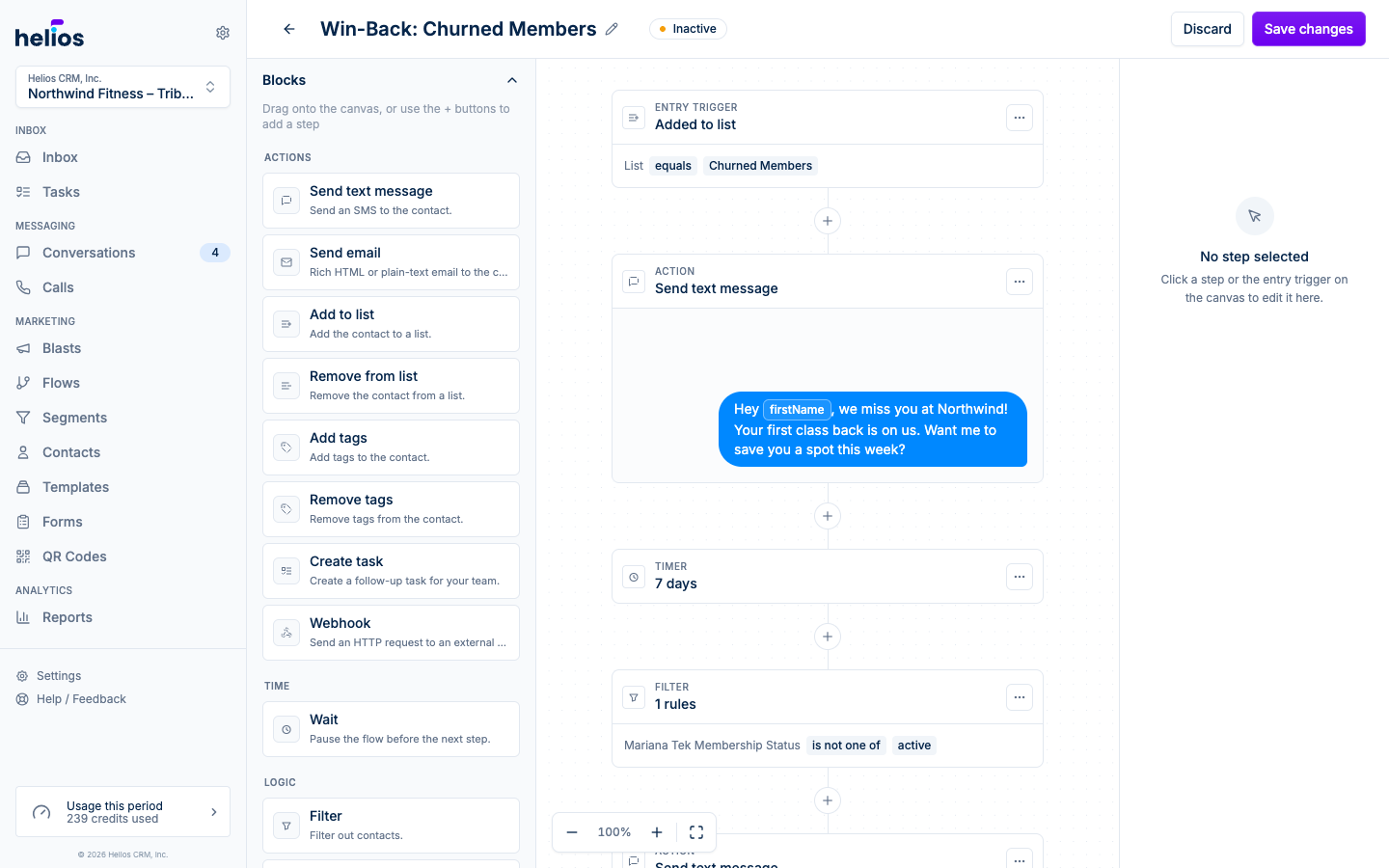 The flow editor with the block palette on the left