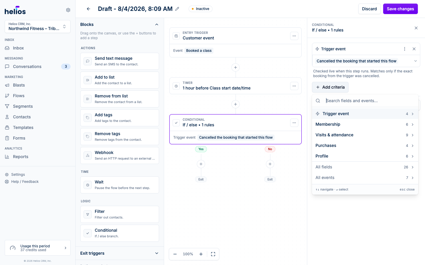 Flow editor showing a timer waiting until 1 hour before class start and the new Trigger event criteria menu