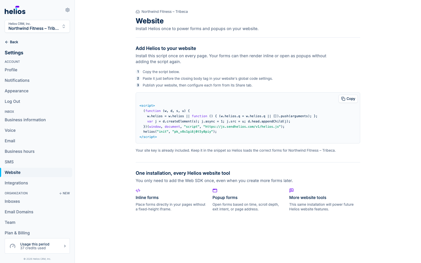 The Website settings installation page
