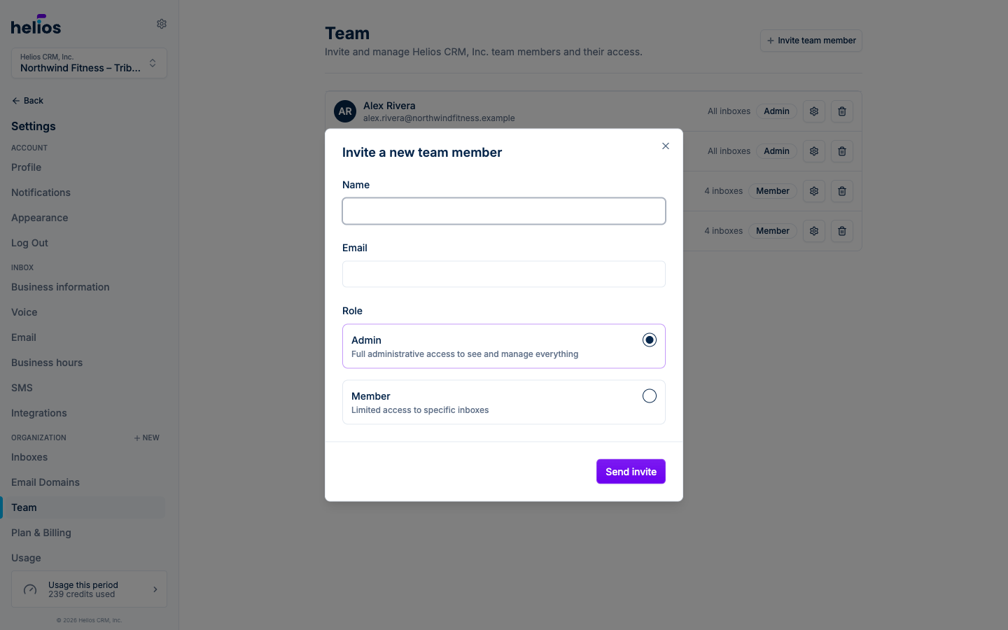 The invite team member form