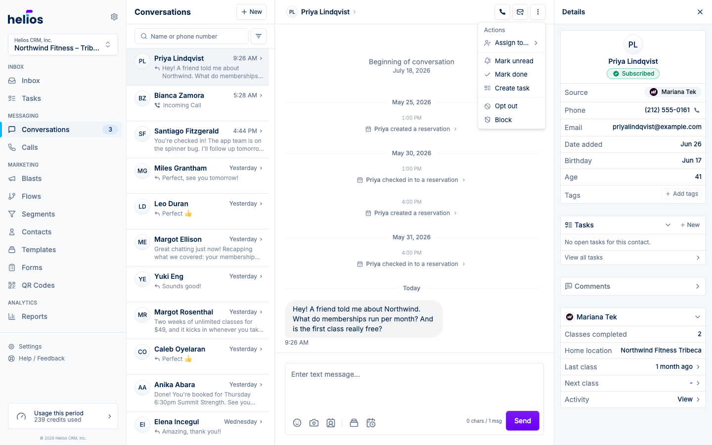 The thread Actions menu with Assign to, Mark done, and more