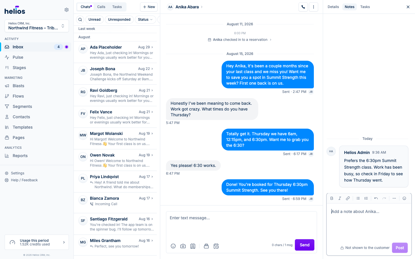 The contact sidebar’s Notes tab beside a conversation