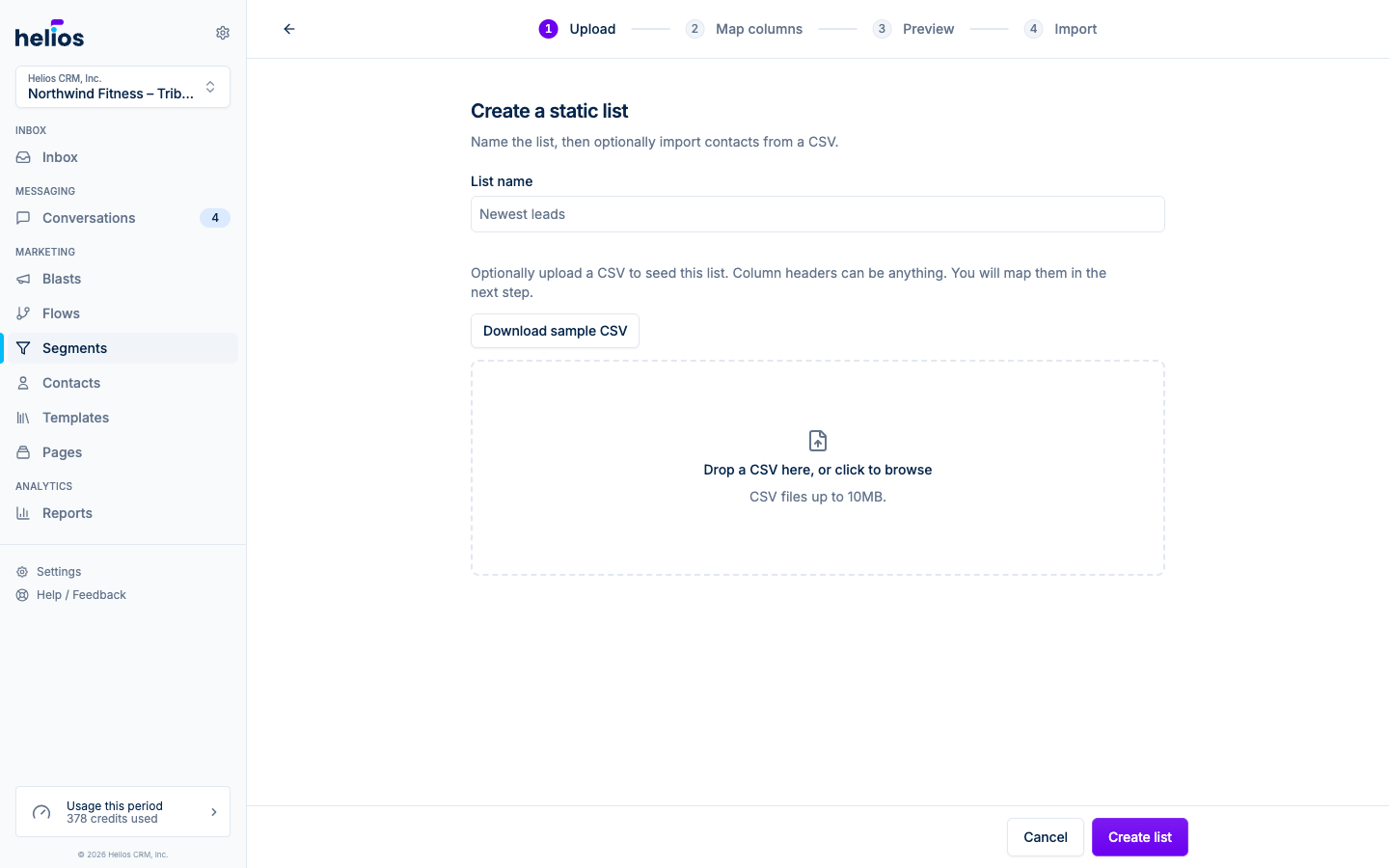 The create static list wizard