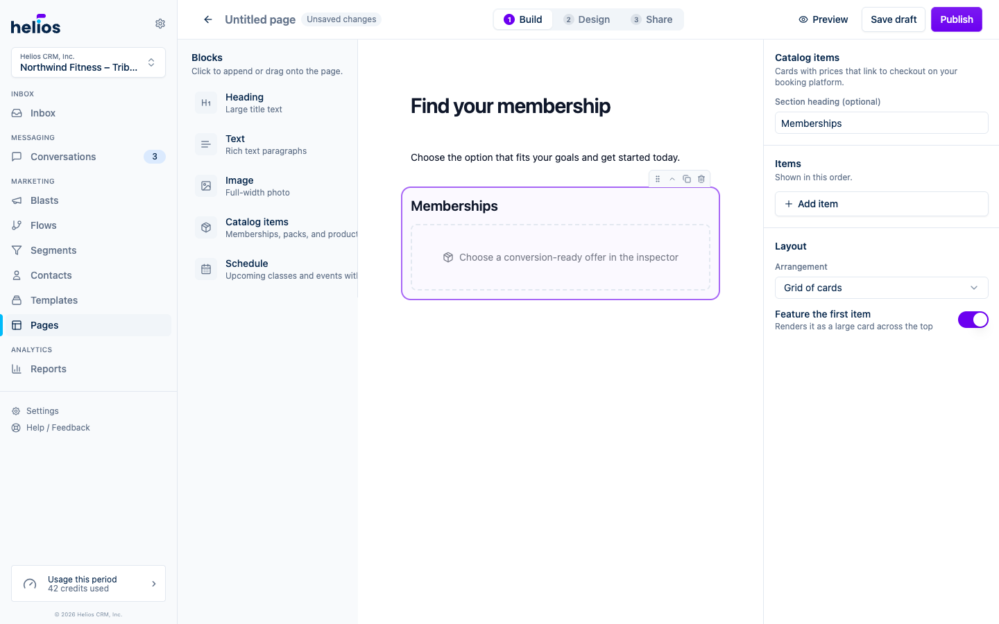 Landing page canvas with a selected commerce block