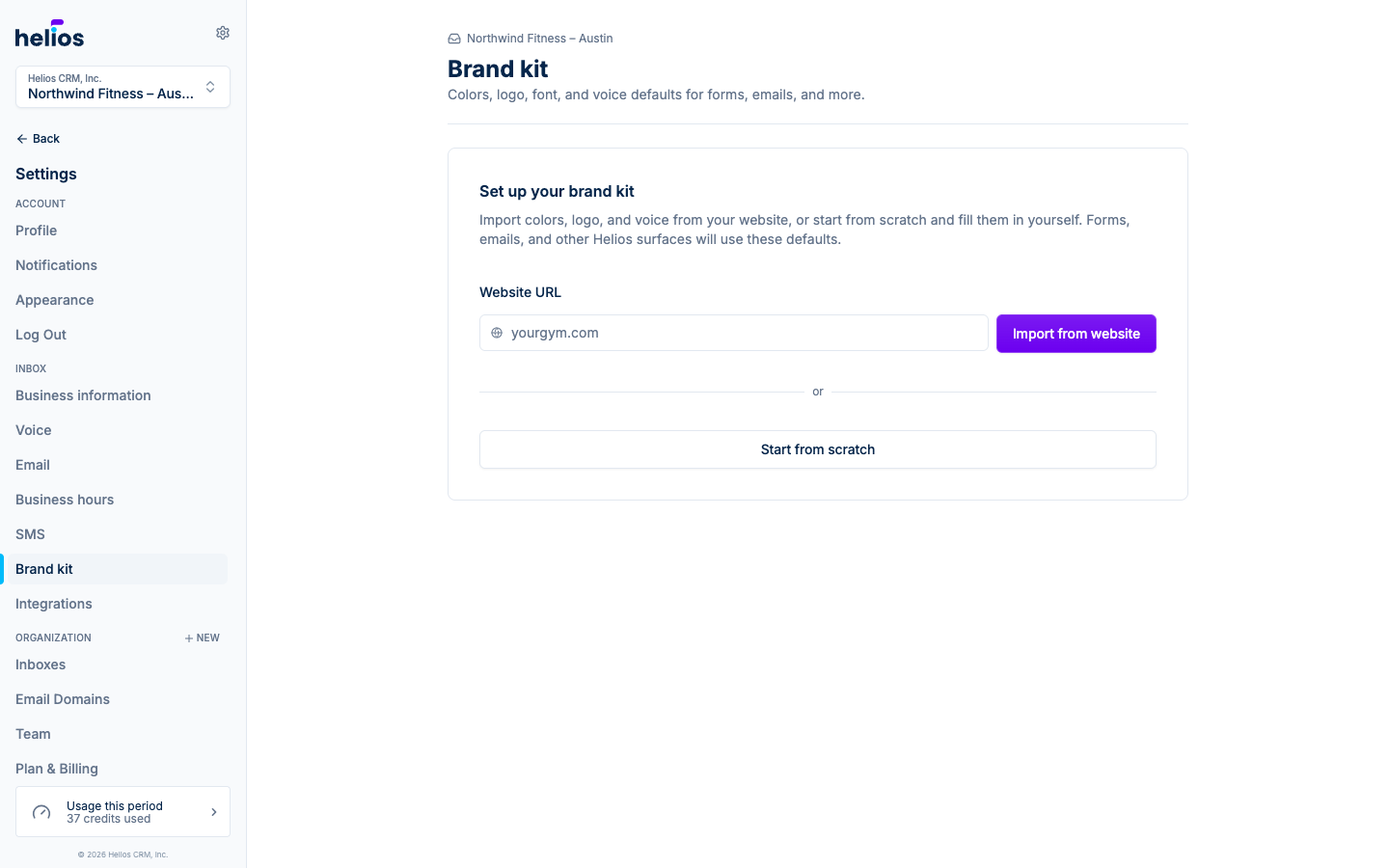 Brand kit empty state with website URL and import button