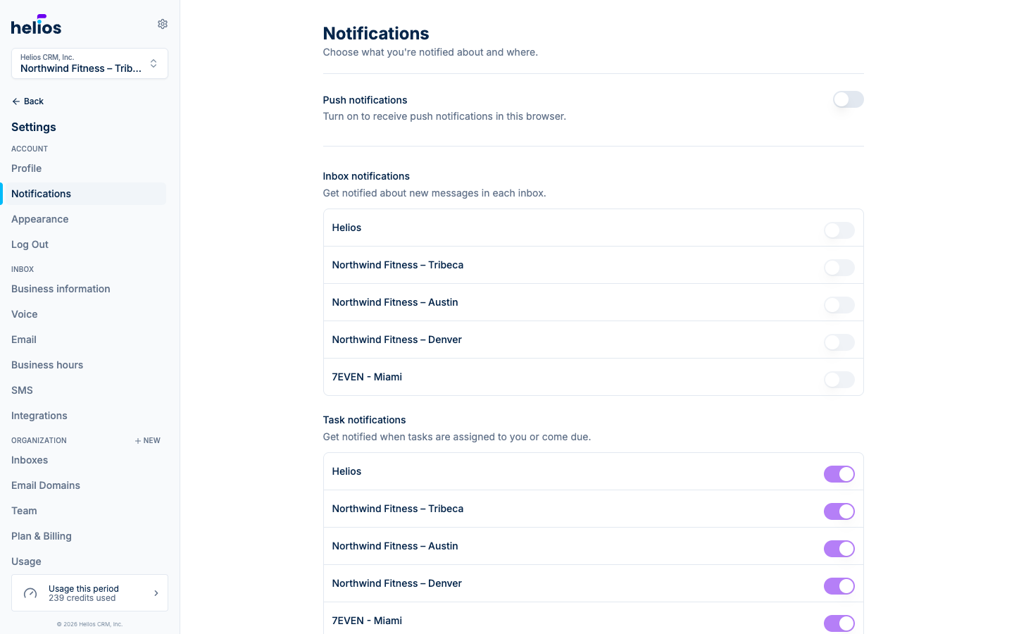 Notification settings with per-inbox toggles