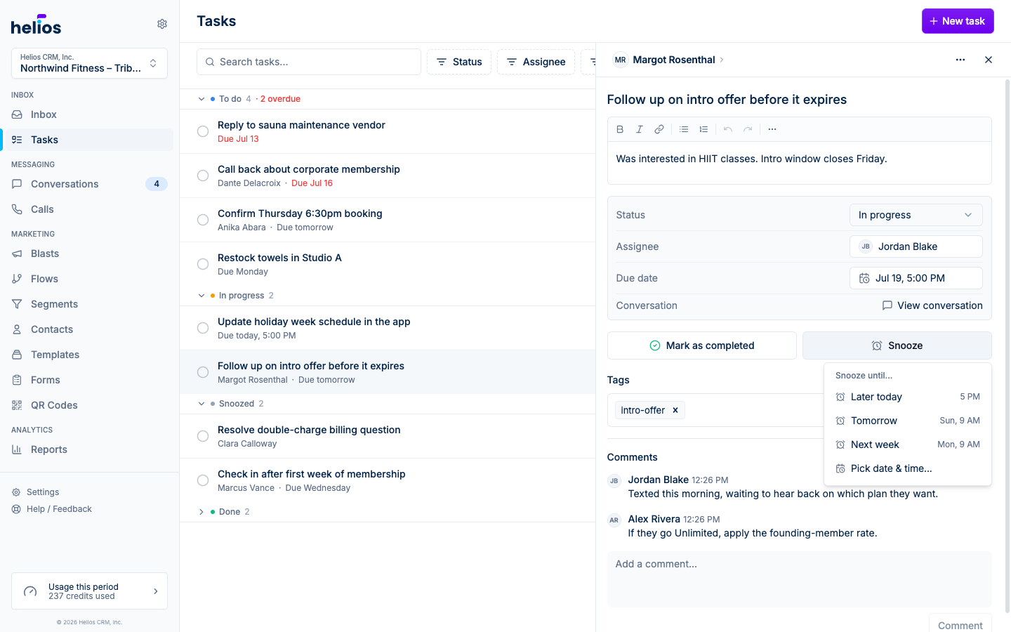 Snooze options on a task