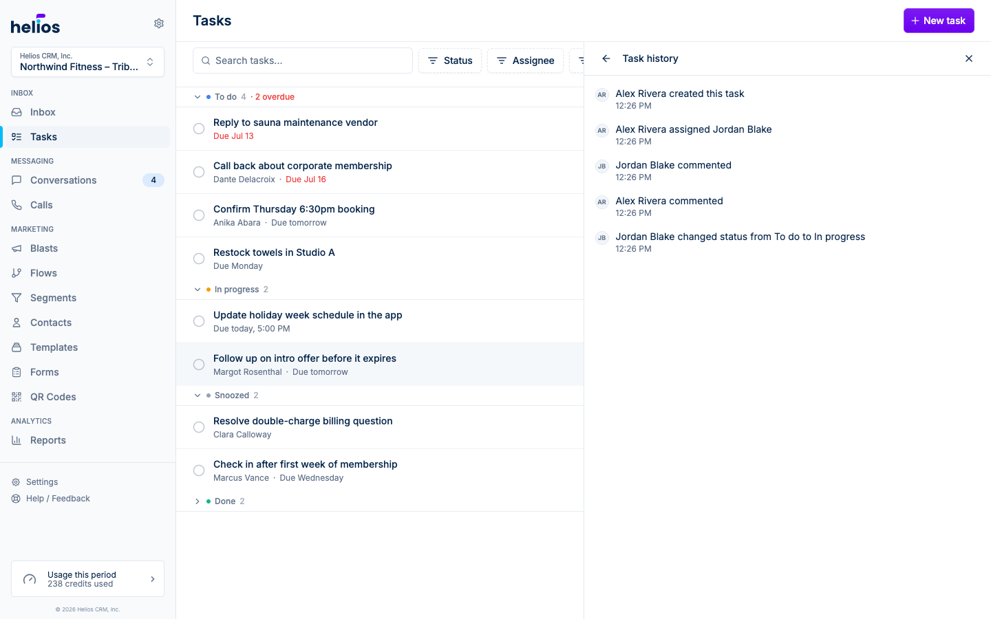 The task history view