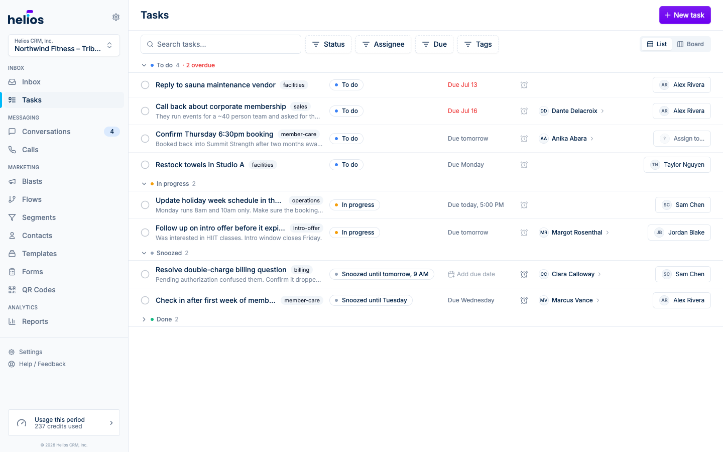 The tasks list view