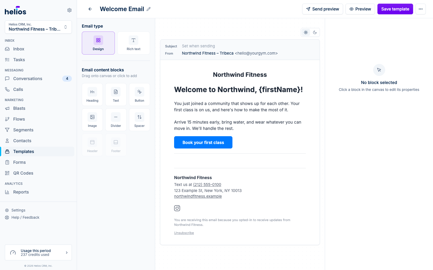 The email template builder with the light and dark preview toggle