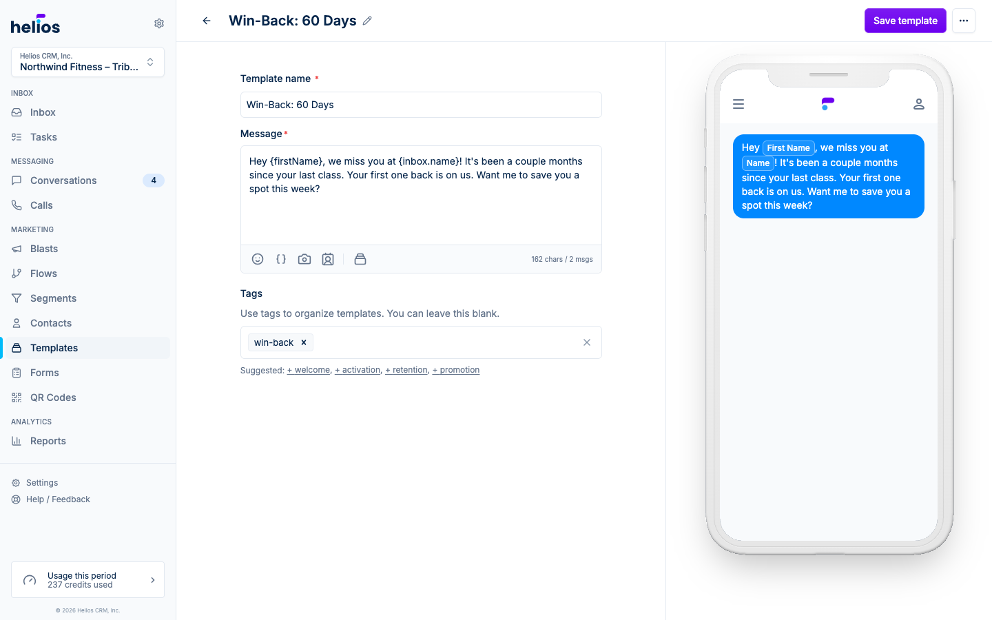 The SMS template editor